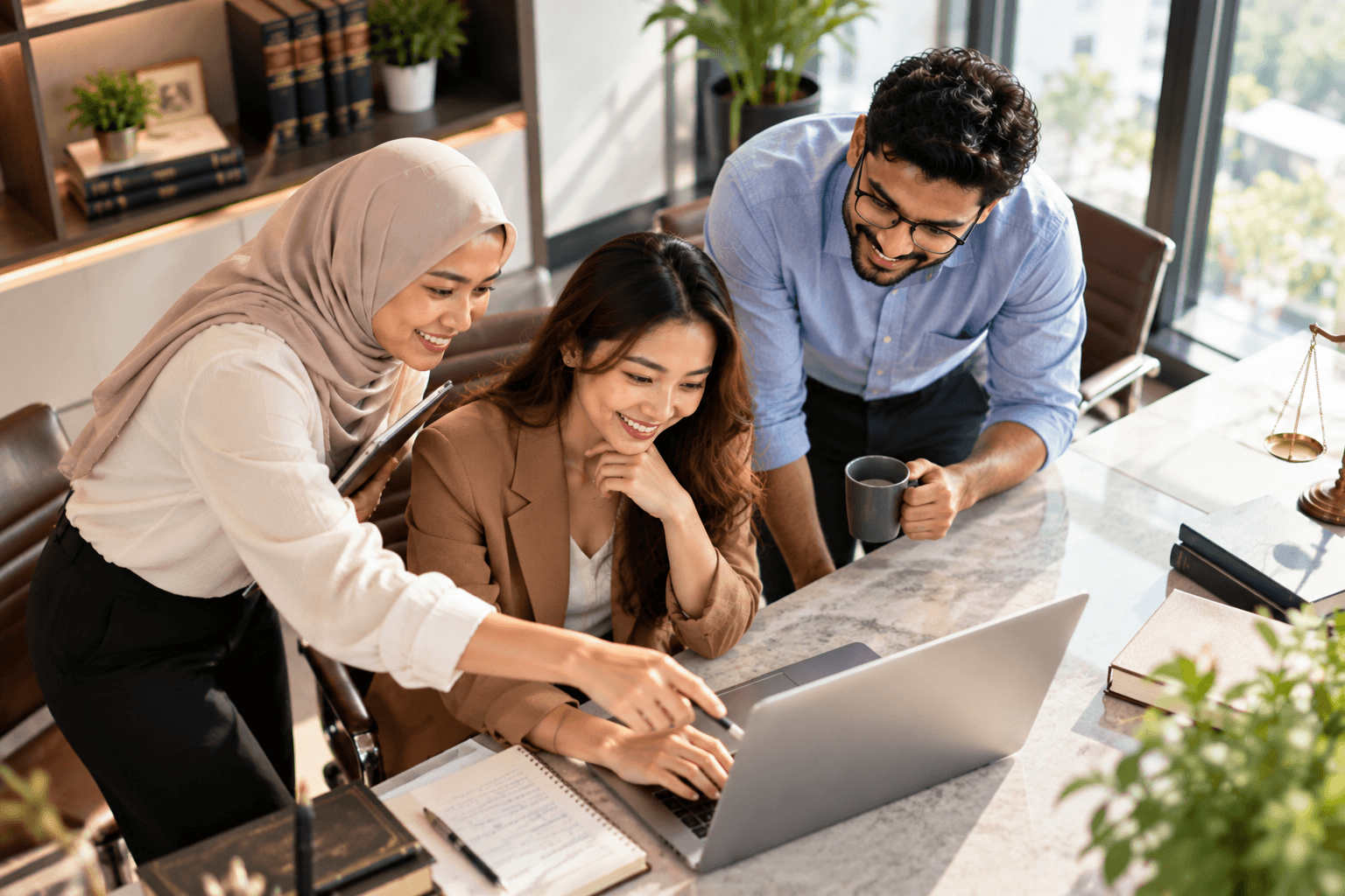 Three colleagues at a laptop beside AI Overview, ChatGPT and Gemini answers to a search