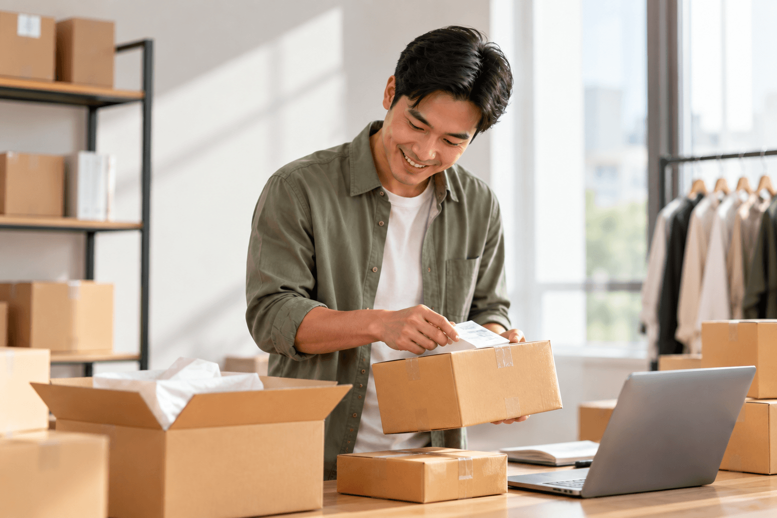 Two colleagues packing customer orders into boxes in a bright e-commerce studio